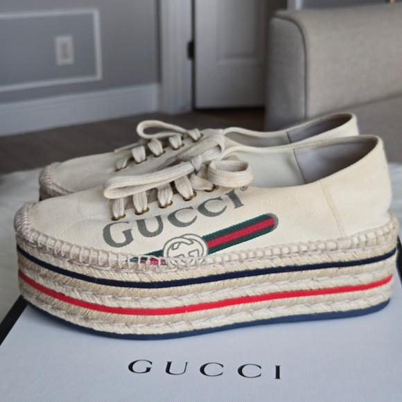 Gucci Canvas Logo Lace-Up Platform Espadrilles - Picture 1 of 7